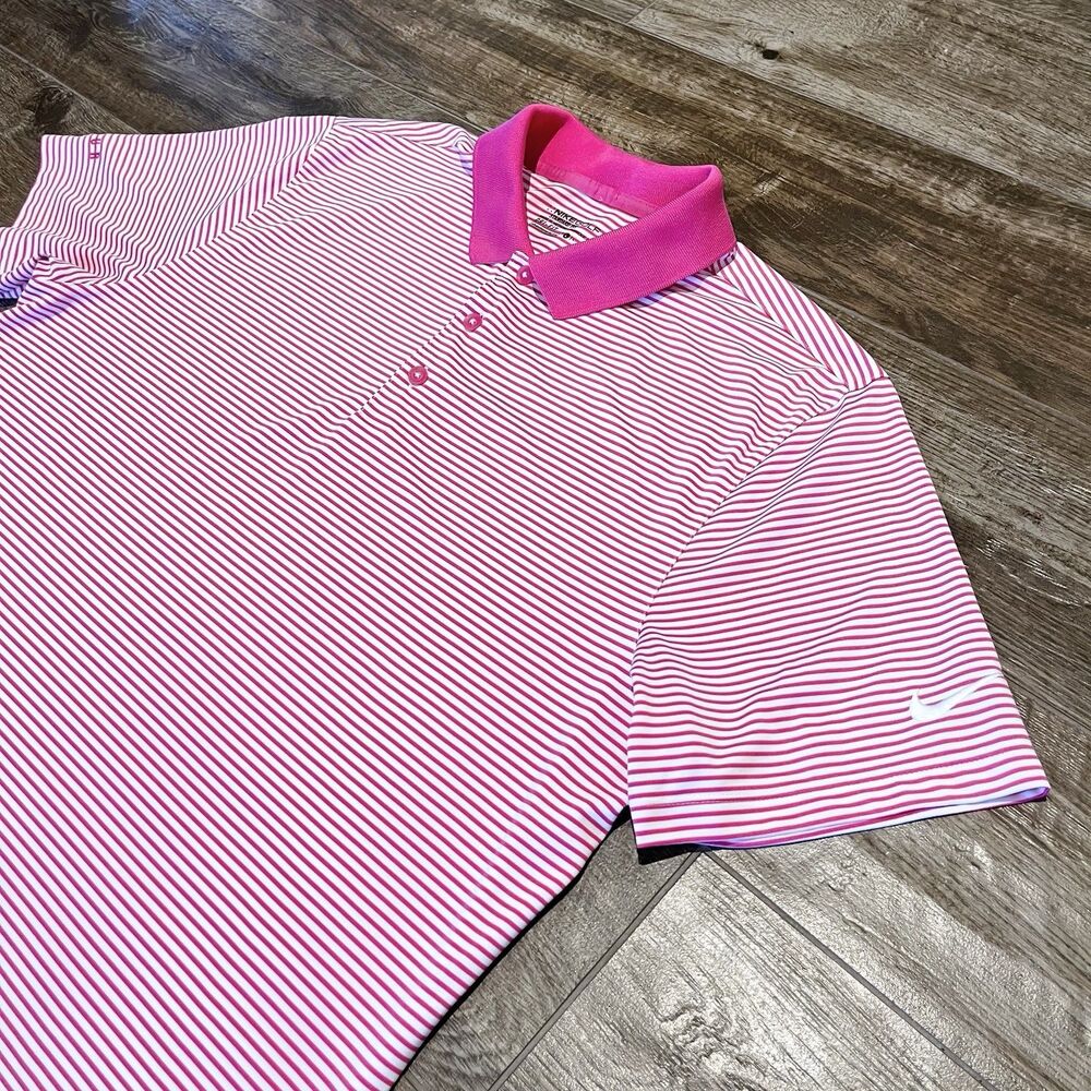 Nike Golf Polo Shirt Mens Large Standard Fit White Pink Striped PGA TOUR